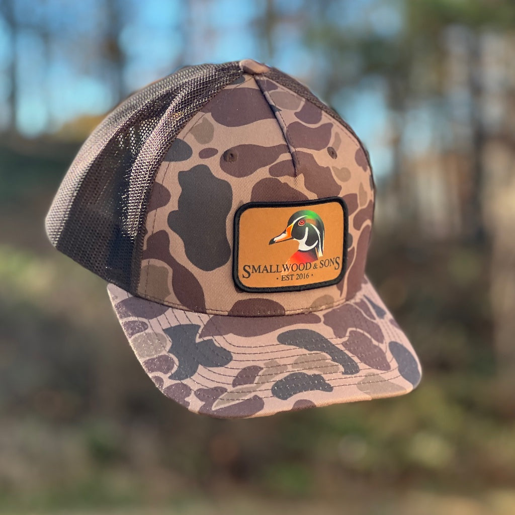 Richardson 112PFP five panel bark camo with woodie patch.
